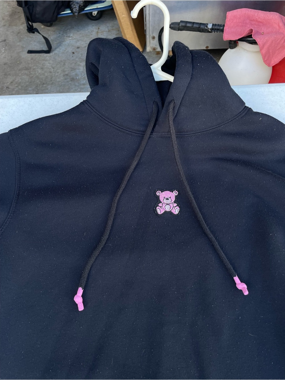Black Hoodie with Pink Teddy Bear Embroidery